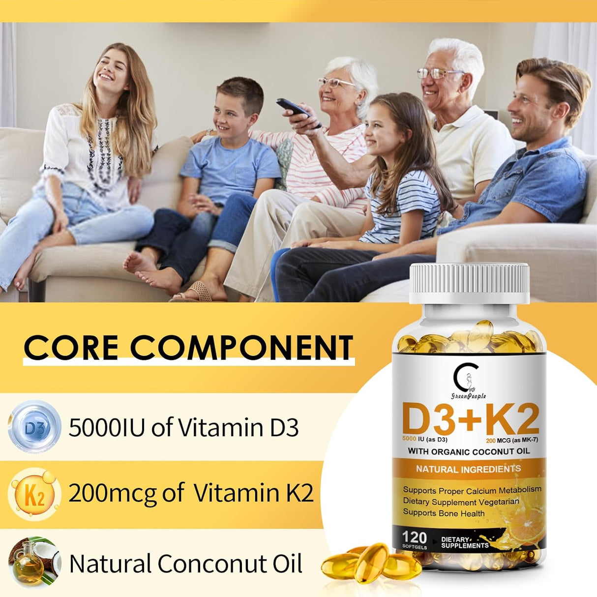 Suplemento de Vitamina D3 K2, 120 cápsulas, Natural Coconut