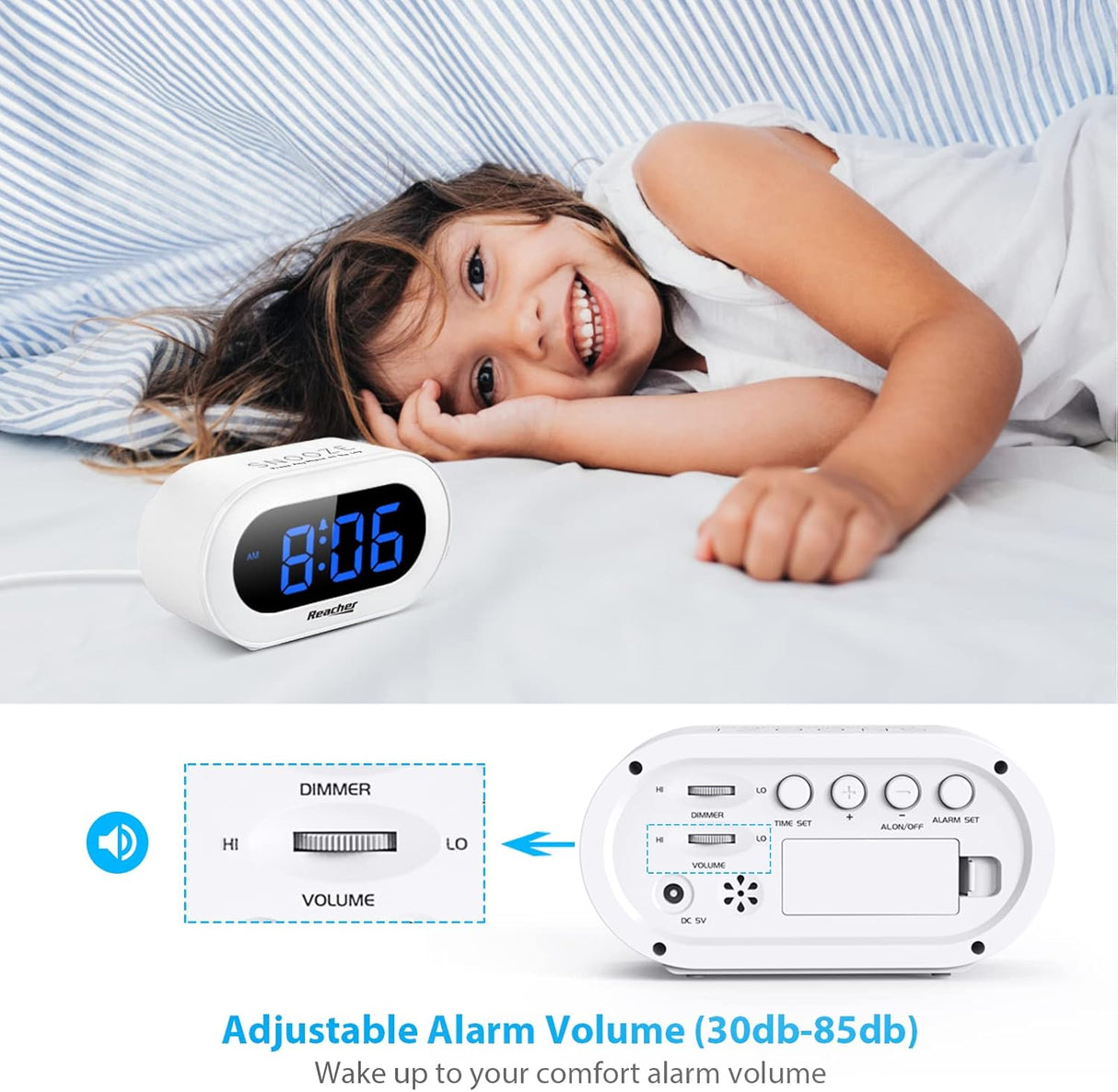 Reloj despertador digital LED compacto con snooze y regulador