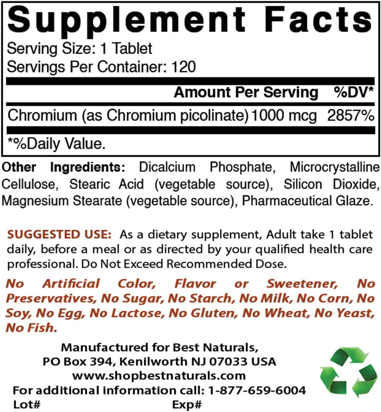 Suplementos Alimenticios Picolinato de cromo 1000 mcg 120