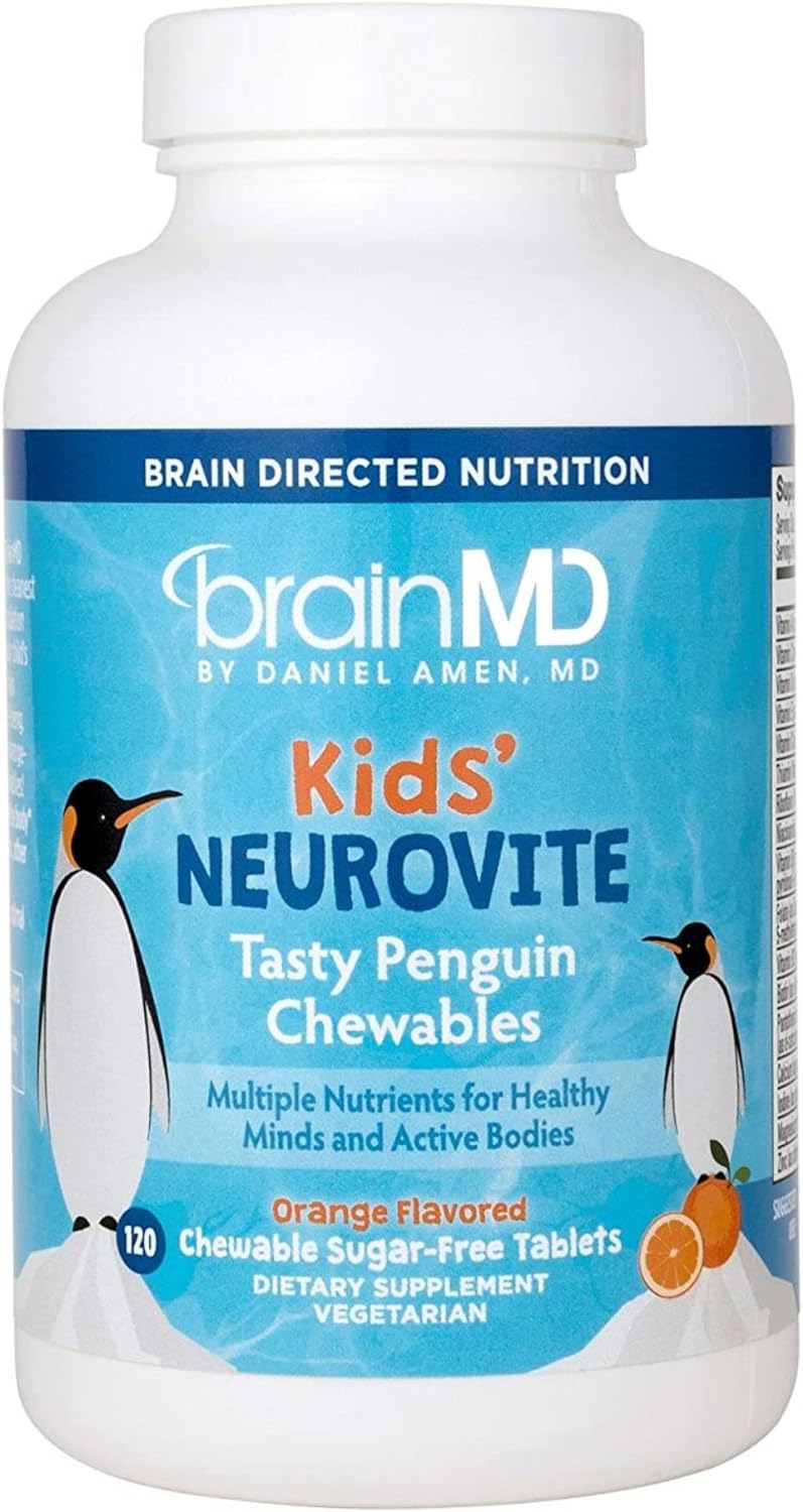 BRAINMD Dr Amen Kids NeuroVite - Sabor naranja - 120 masticables en forma de pingüino - Suplemento multivitamínico y mineral - Promueve el desarrollo y crecimiento saludables - Sin gluten - 60 porciones
