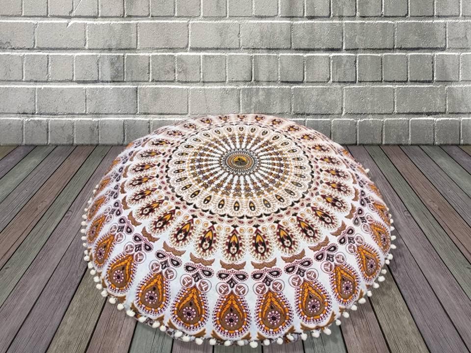 Funda bohemia para cojín, de 32 pulgadas, con diseño de mandala, para meditación, decorativa, otomana, grande, para exteriores, decoración del hogar, decoración de arte en el hogar, redonda, con pompones de algodón, cómoda