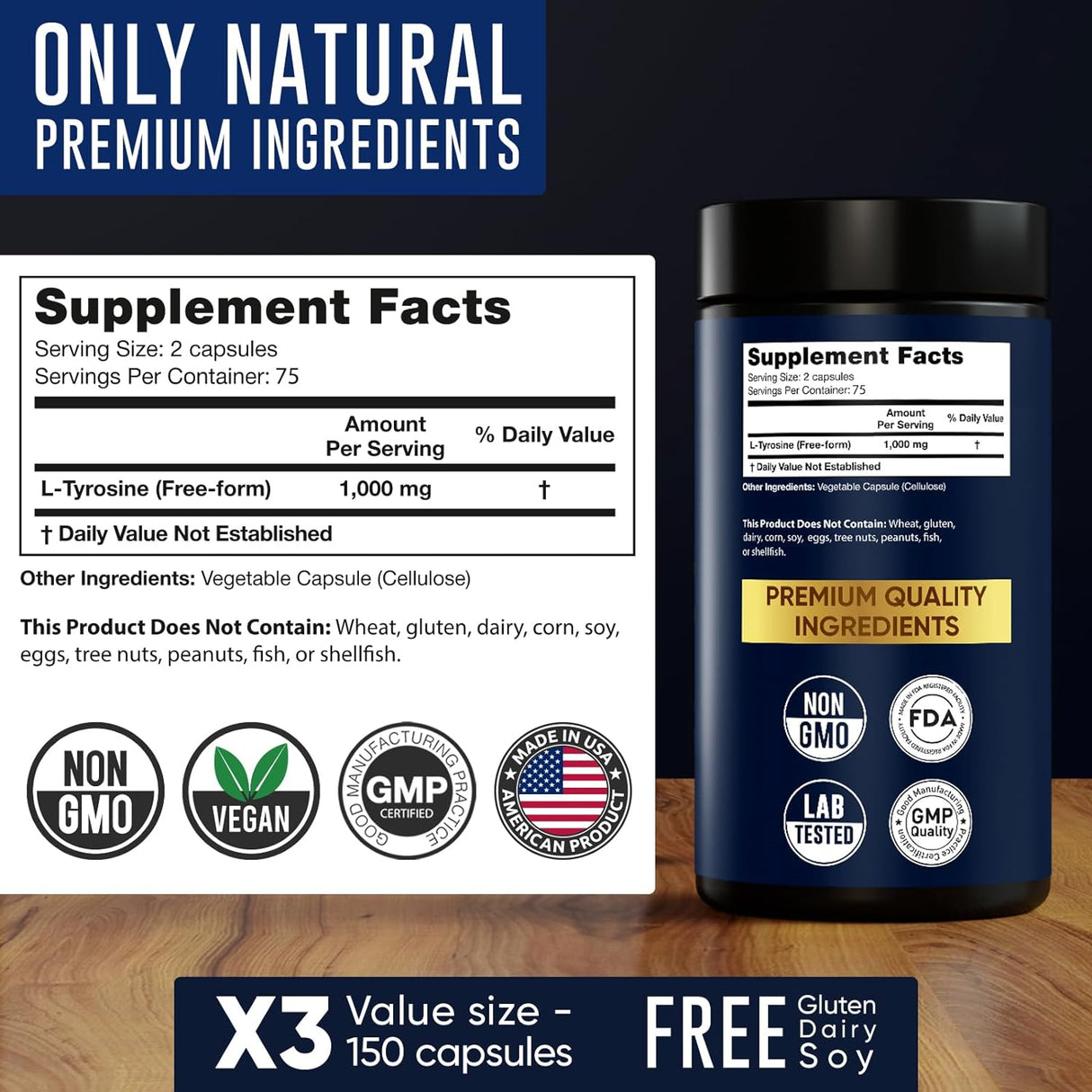 Suplementos L-tyrosine de 1000 mg natural para concentración