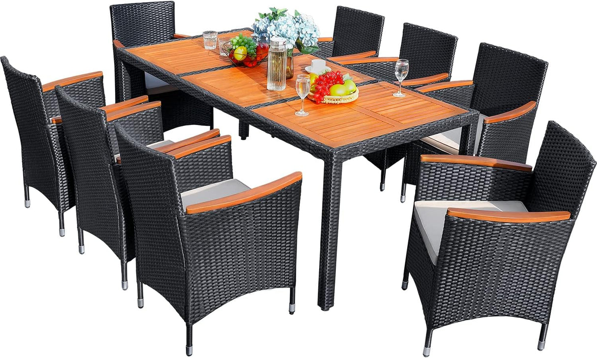 Flamaker Juego de comedor de 9 piezas para patio, mesa y sillas de madera de acacia al aire libre con cojines suaves, muebles de patio de mimbre para terraza, patio trasero, jardín