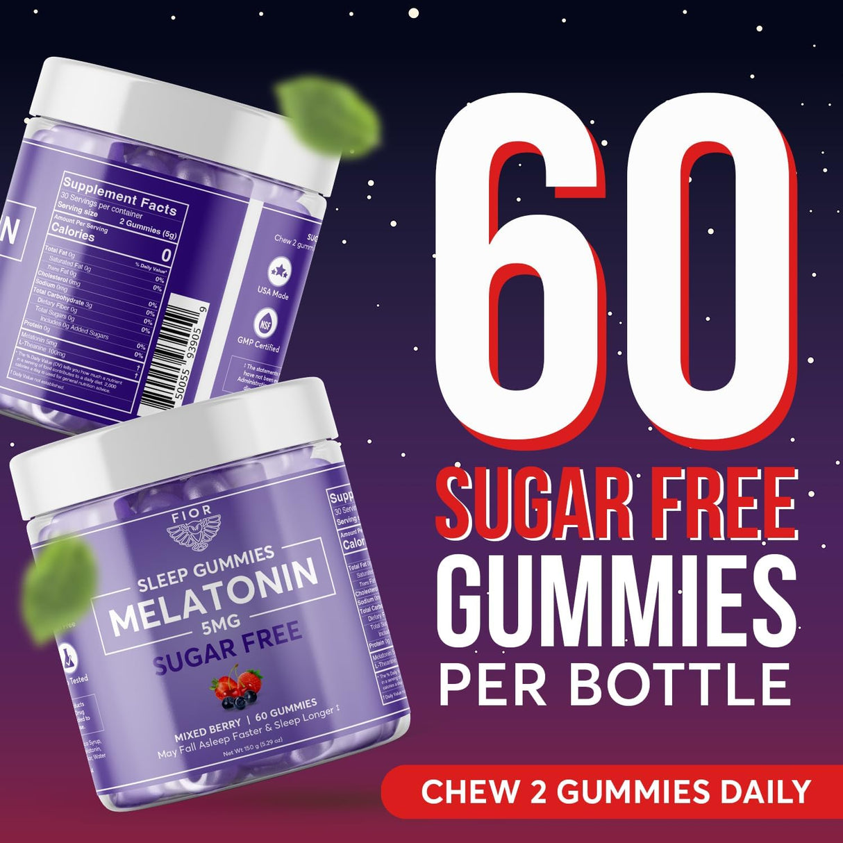 FIOR Gomitas de calmar sin azúcar, 60 unidades para a dormir