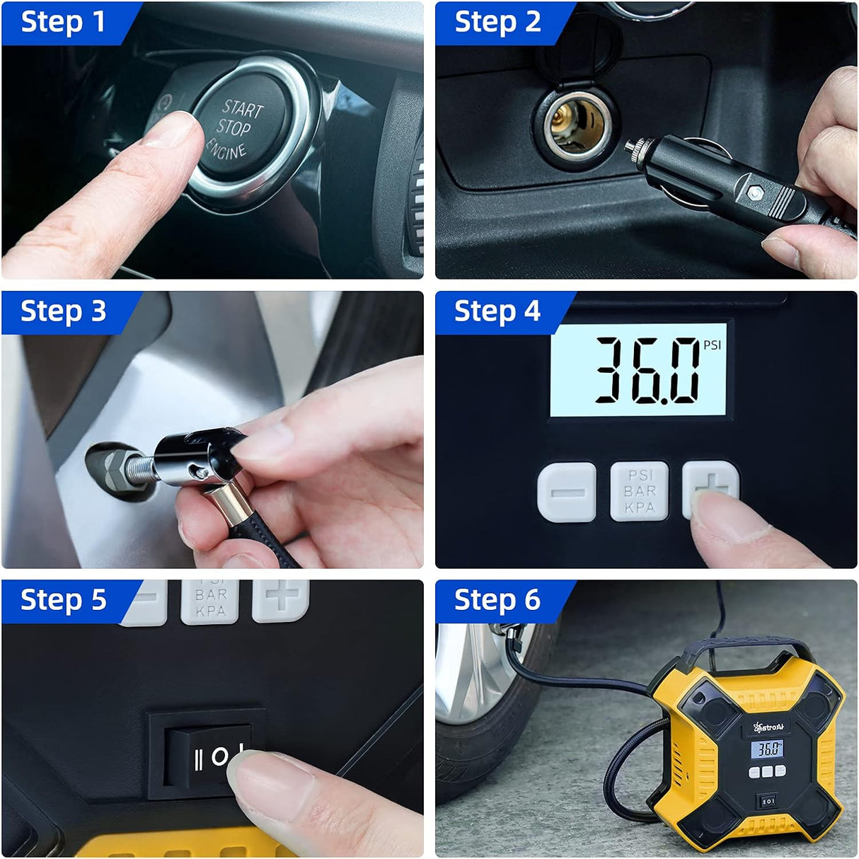 AstroAI Compresor de aire inflador de neumáticos bomba de aire portátil para neumáticos de coche, bomba de neumático de estructura metálica integrada de 12 V DC, 160 PSI con luz LED para coches, bicicletas, motocicletas y otros inflables (color amarillo)