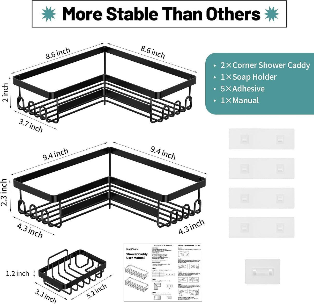 Caddy de ducha StorageRight, estante adhesivo 3 en 1 sin taladro