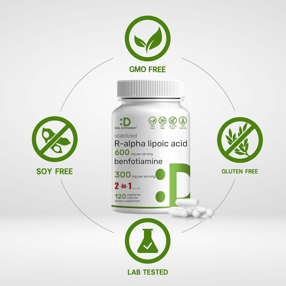 Suplemento Ácido alfa lipoico 600 mg con benfotiamina 300 mg