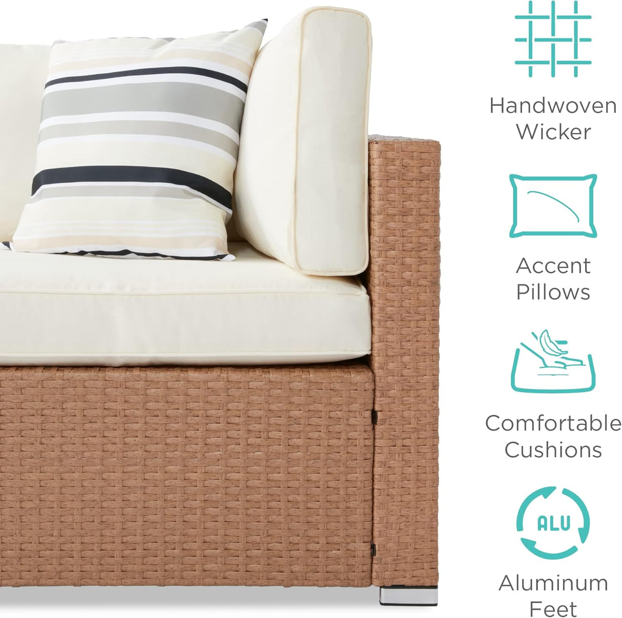 Best Choice Products Juego de sofá modular de mimbre modular de 7 piezas para exteriores con 6 sillas, 2 almohadas, clips de asiento, mesa auxiliar, funda incluida, natural/marfil