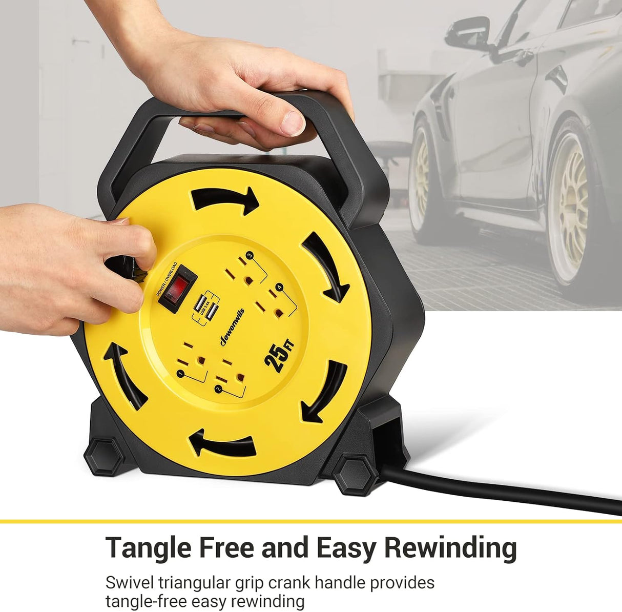 Enrollador de cable con 4 tomas de corriente, 2 puertos USB