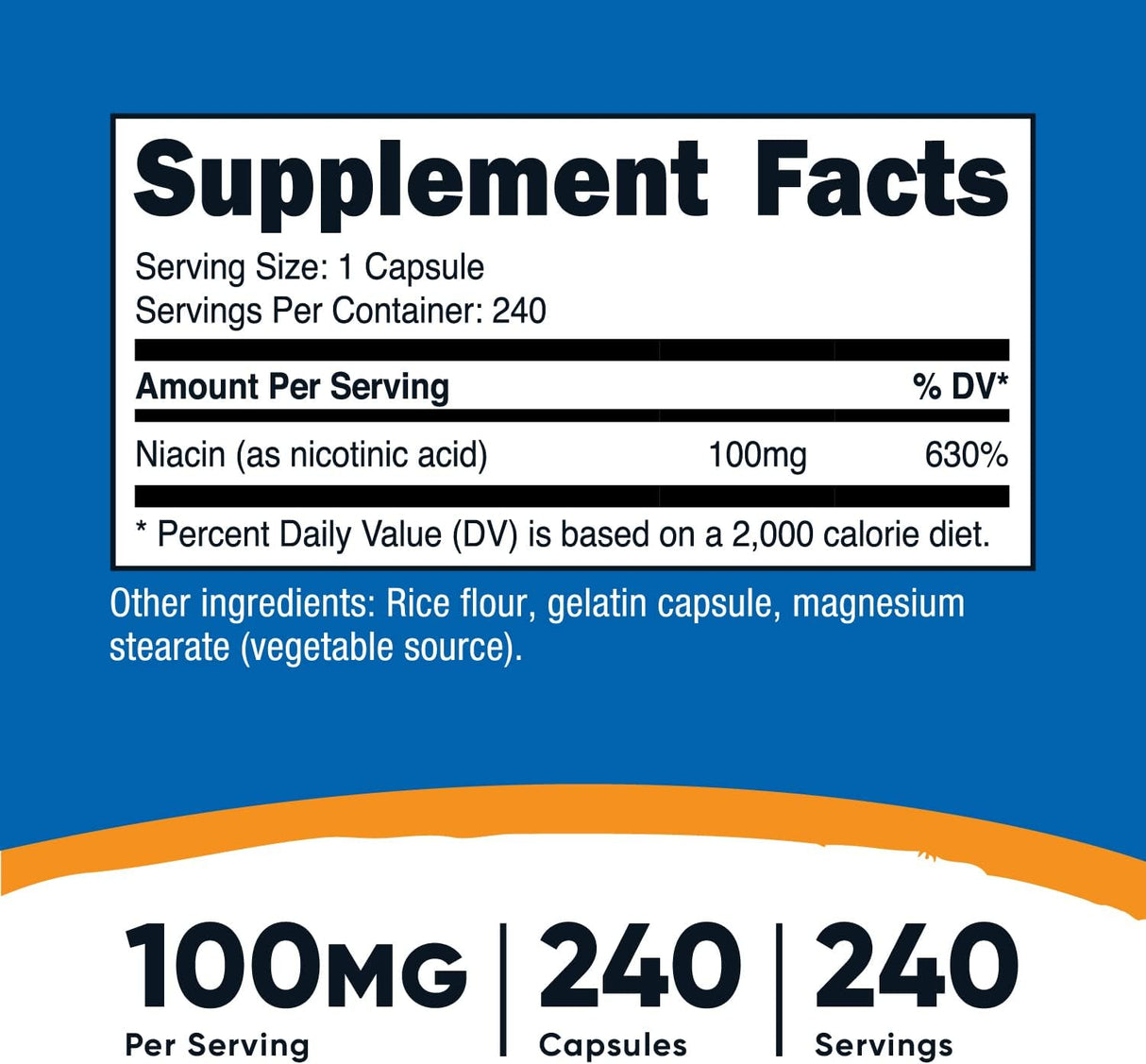 Suplemento Niacina vitamina B3 100 mg 240 cápsula sin gluten