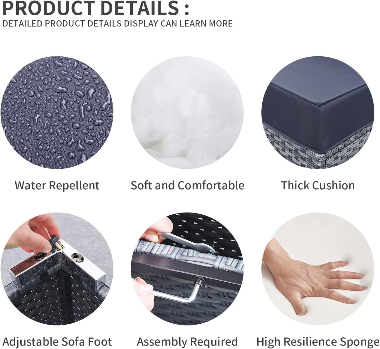 Valita Juego de muebles de mimbre PE para exteriores, 7 piezas, sofá seccional de ratán gris con cojines lavables azul oscuro