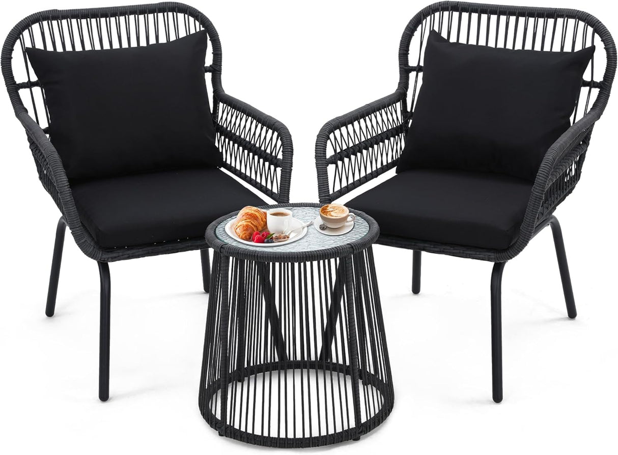 Wildformers Juego de 3 piezas de mimbre de mimbre, juego de conversación al aire libre, juego de muebles de mimbre con mesa superior de cristal, ahorro de espacio para balcón, patio trasero, negro