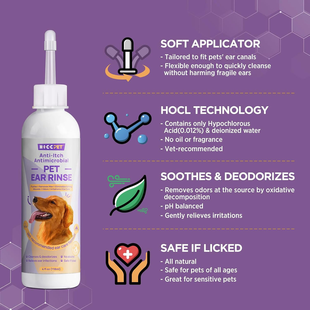 Limpiador de Oídos para Perros HICC PET, 4 fl oz, 30 hisopos