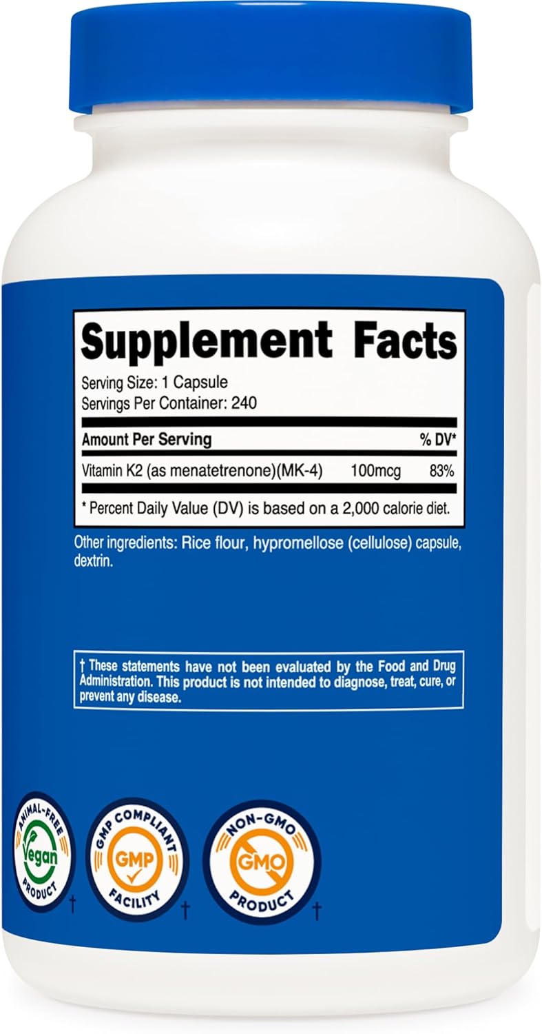 Nutricost Vitamina K2 (MK4) 240 Cápsulas, Sin Gluten, No GMO