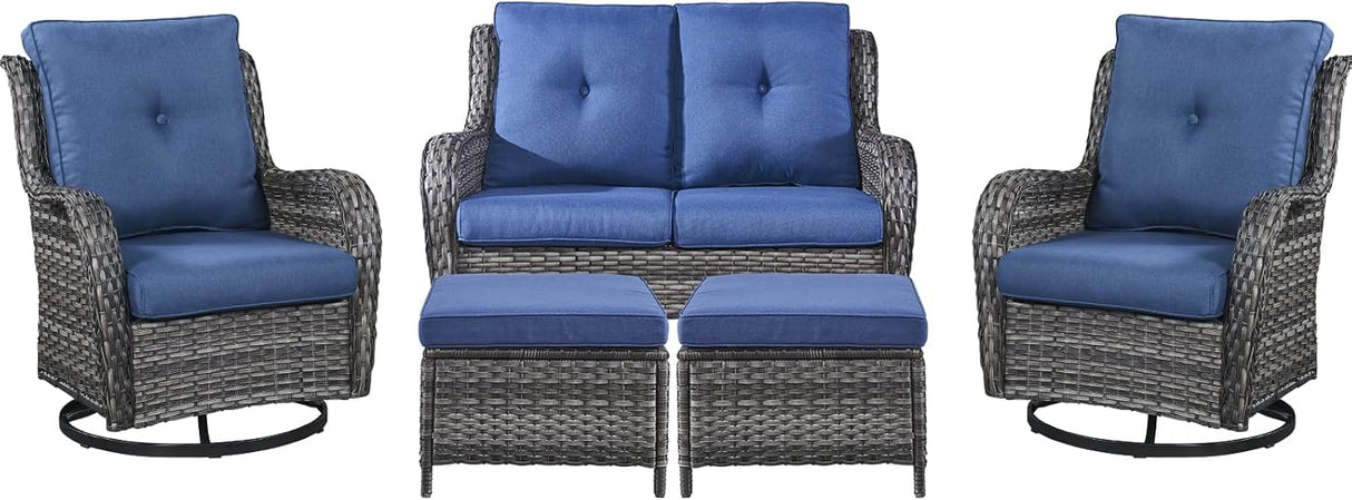 Belord Juego de muebles de patio al aire libre de 5 piezas, muebles de mimbre para conversación, sillas mecedoras giratorias para exteriores con sofá biplaza y 2 otomanas para espacios pequeños, cojín azul
