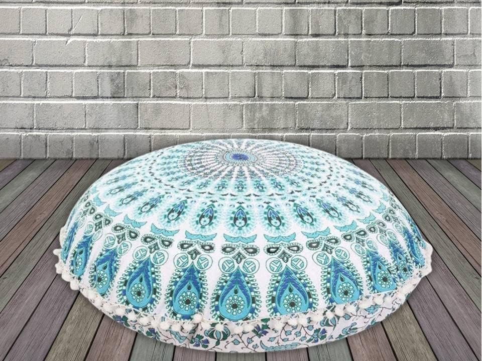 Funda bohemia para cojín, de 32 pulgadas, con diseño de mandala, para meditación, decorativa, otomana, grande, para exteriores, decoración del hogar, decoración de arte en el hogar, redonda, con pompones de algodón, cómoda