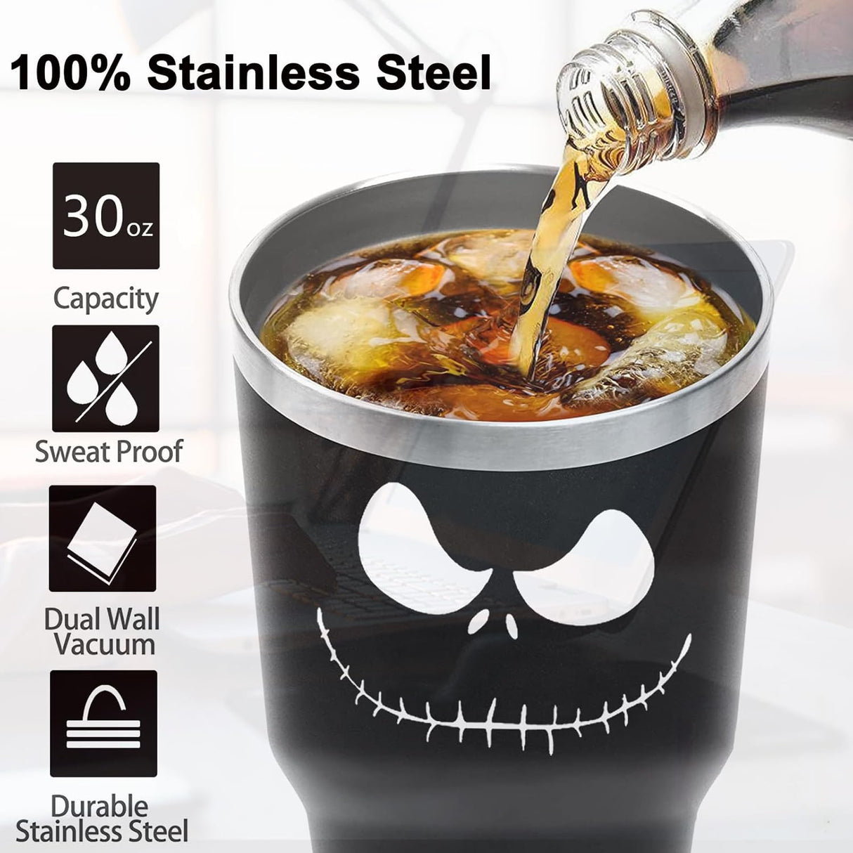 Taza de Acero Inoxidable Jack Skellington 30 oz con Asa y Popote