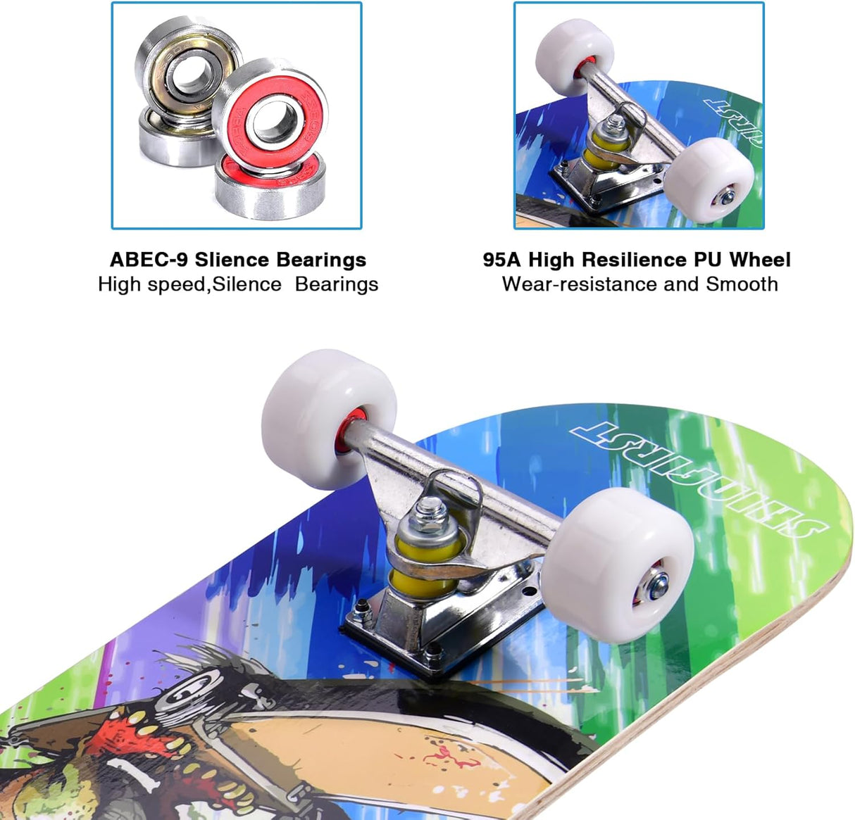 Skateboard Completo de 31 Pulgadas con Doble Kick y Diseño