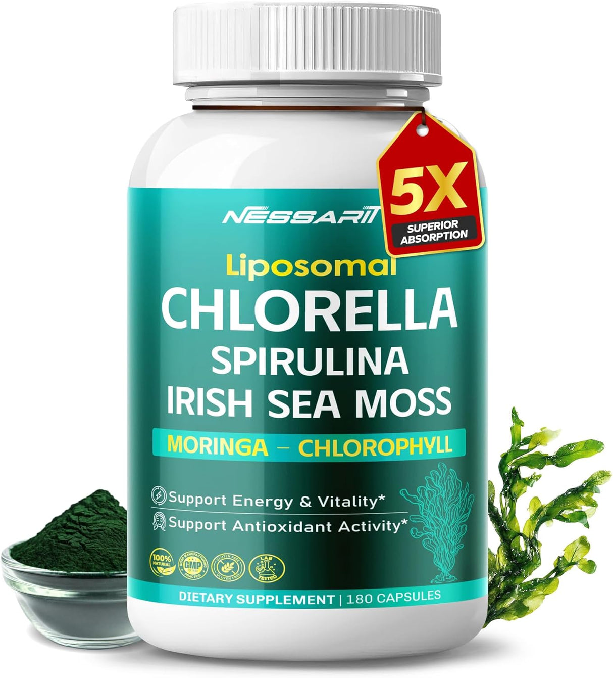 Suplemento de Chlorella, Spirulina, Musgo de Irlanda, Moringa y Clorofila, 180 cápsulas
