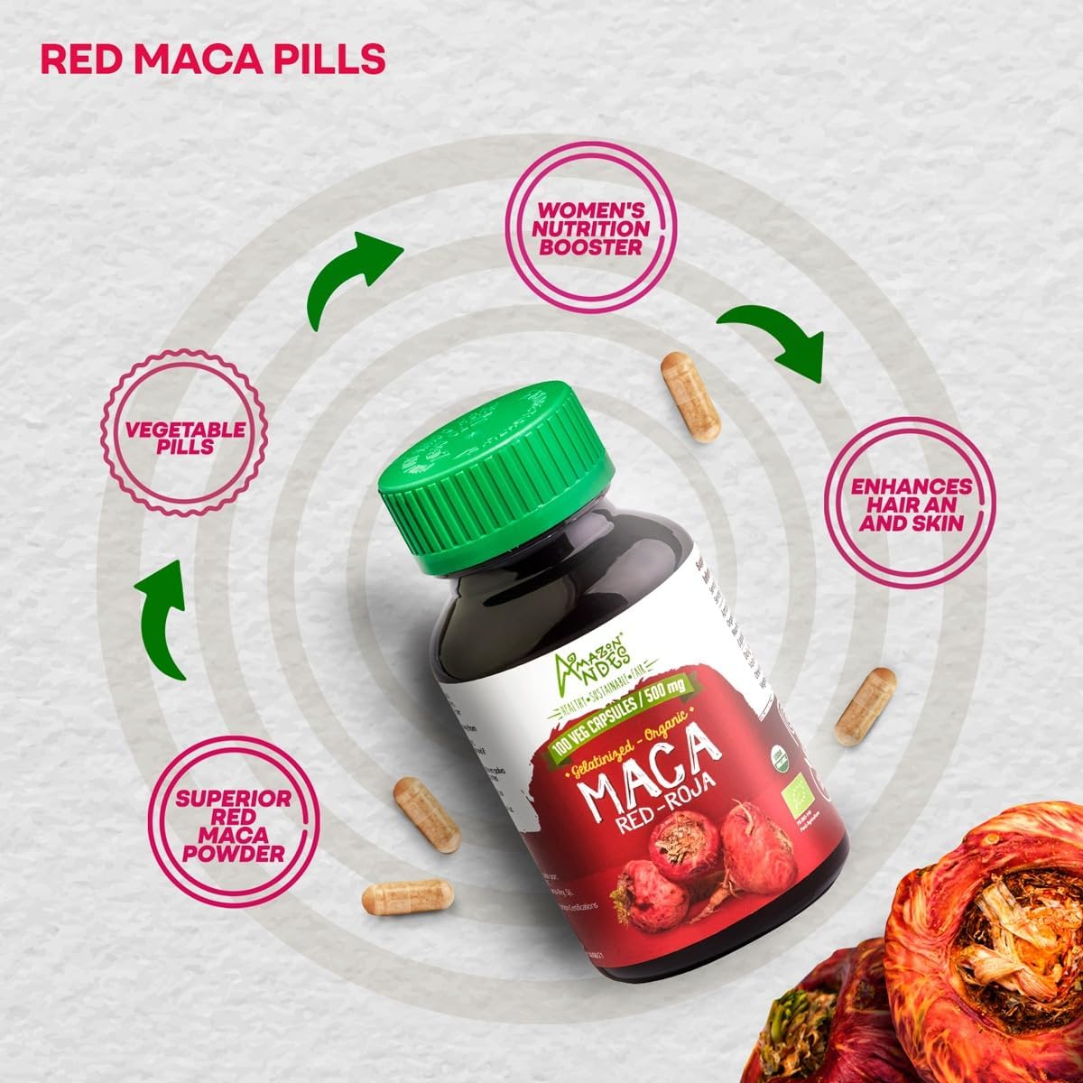 Andes Red Maca Cápsulas - Amazon - Energizante Natural - 1500mg, Vegan