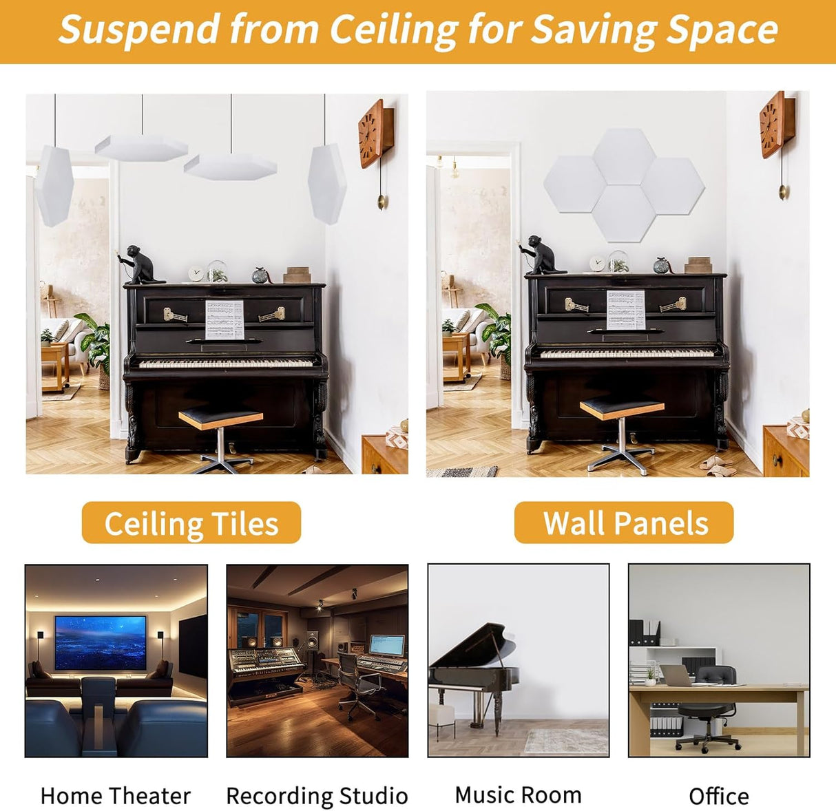 Paneles Acústicos TroyStudio 14.2x12.4 Pulgadas Hexagonales