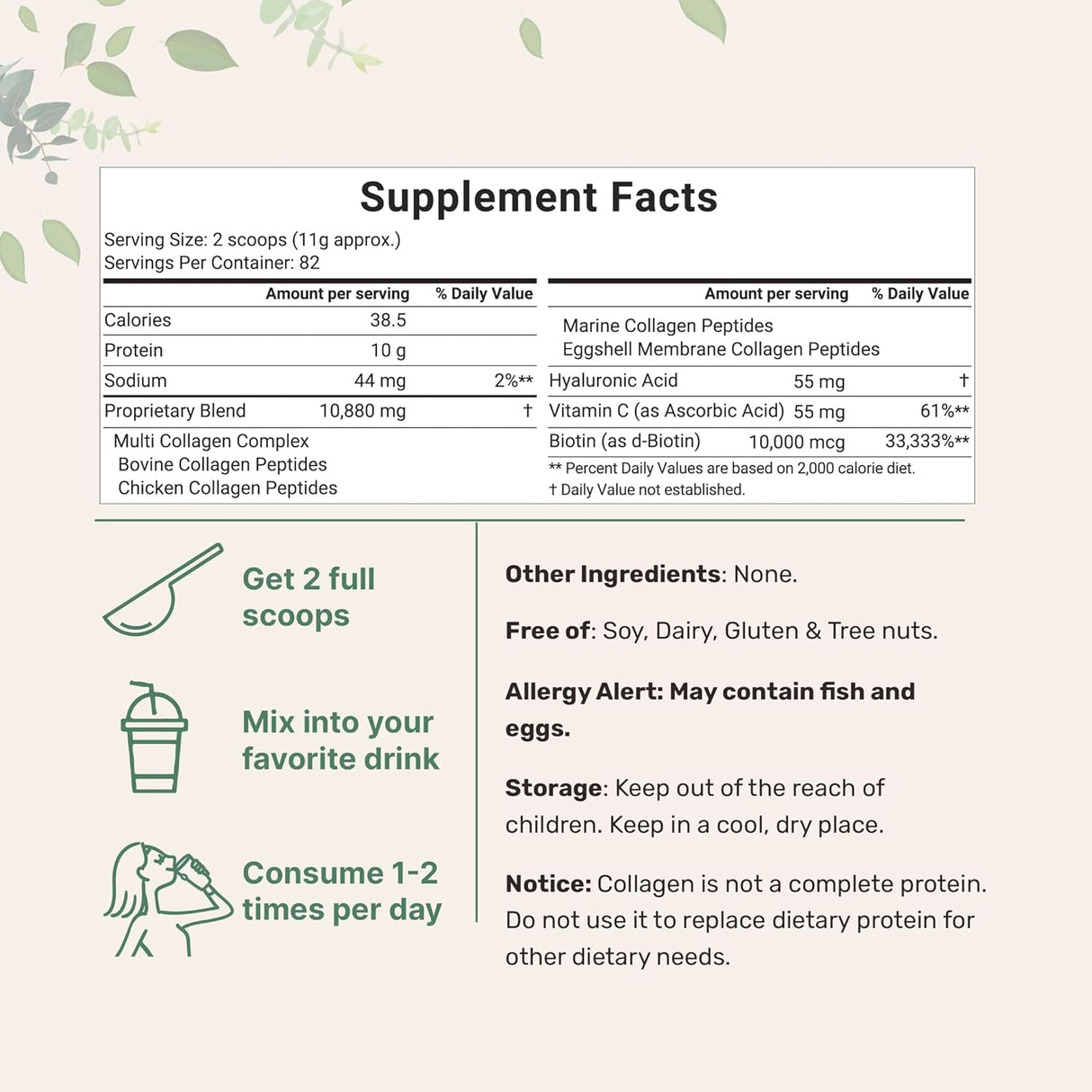 Suplemento Polvo de proteína de colágeno múltiple, 2 libras