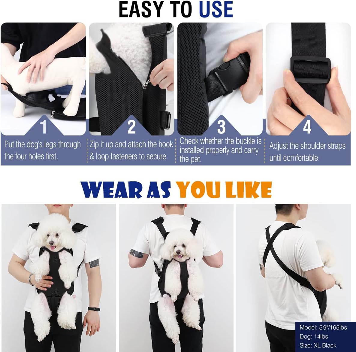 Mochila de transporte para mascotas ajustable negro