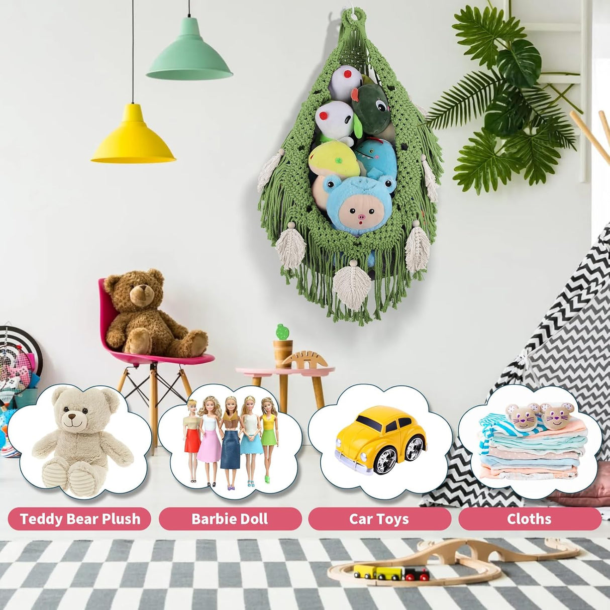 Hamaca para Peluches, Organizador Boho con Luz Estrella, 56