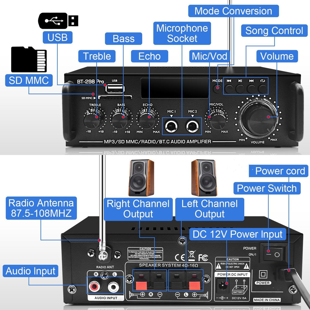 Amplificador Estéreo 2.0 Bluetooth 5.0, 800W, Control Remoto