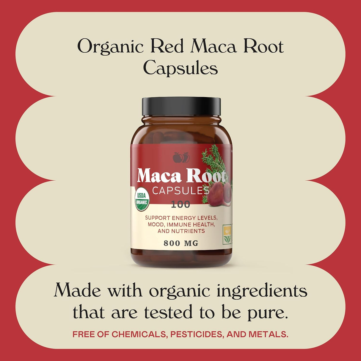 Capsulas de Maca Roja Orgánica - 800mg, 100 cápsulas, pura en polvo