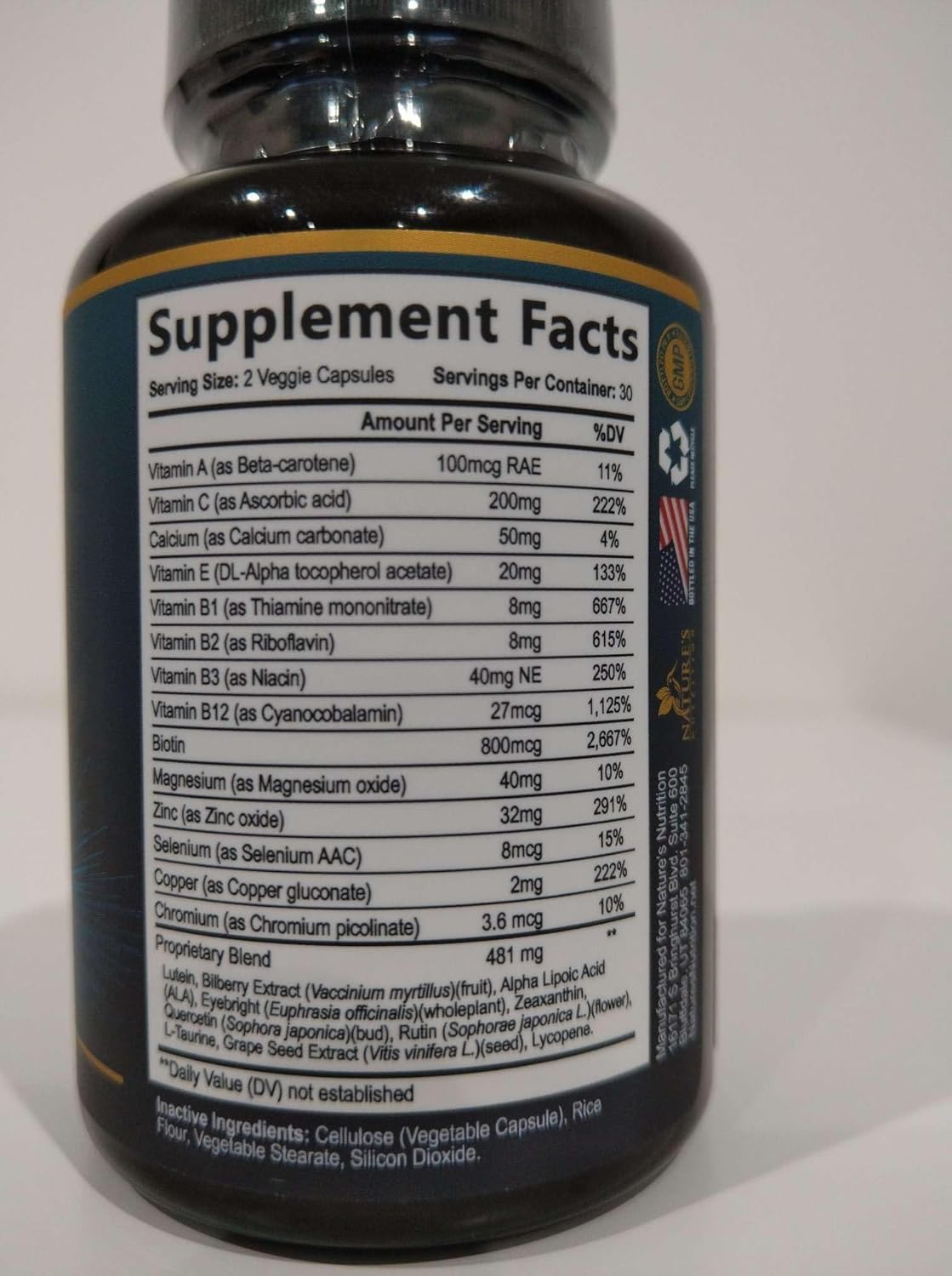 Suplemento Natures Nutrition apoya la fatiga ocular Vitamina