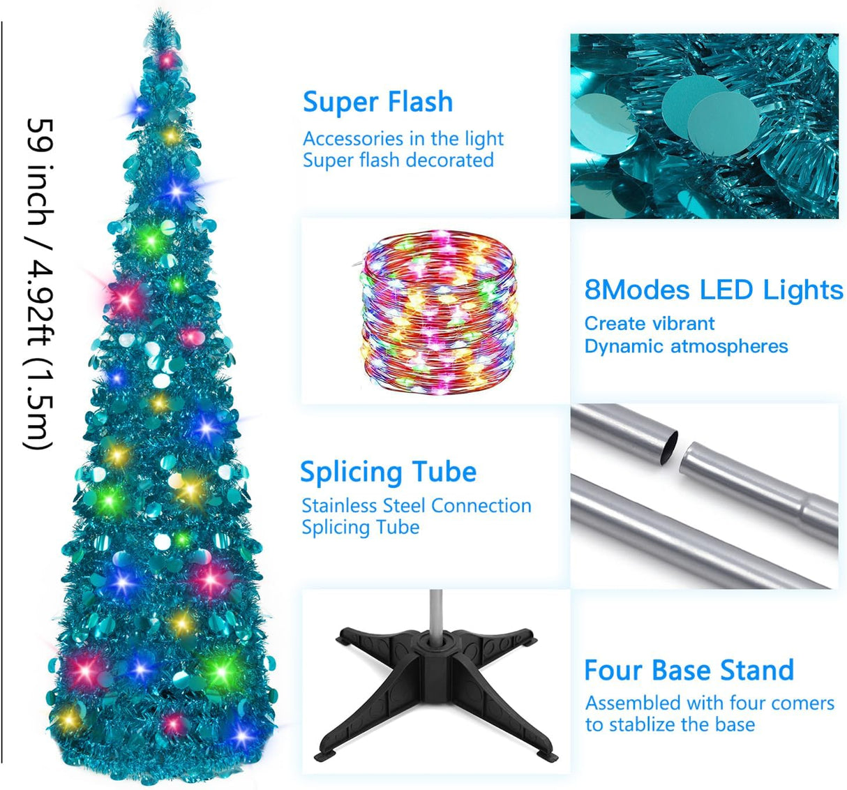 Árbol de Navidad Tinsel 5ft MACTING con Luces, Fácil Montaje