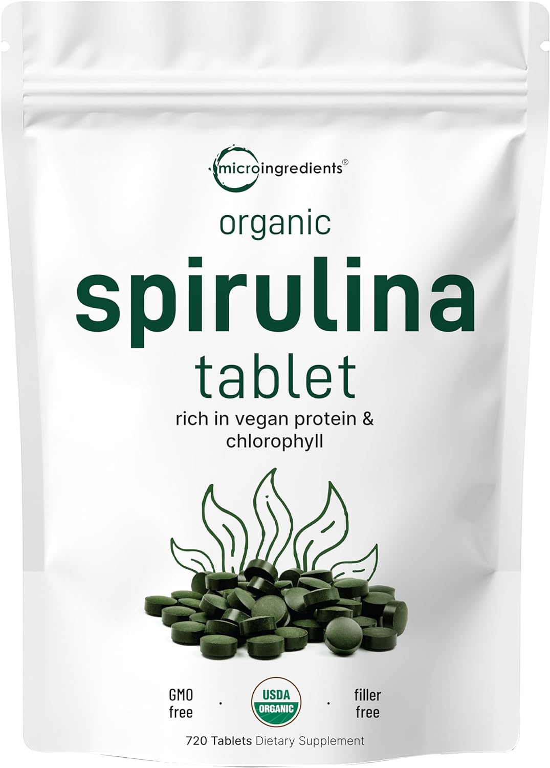 Suplemento orgánico de espirulina, 3000 mg por porción 720u