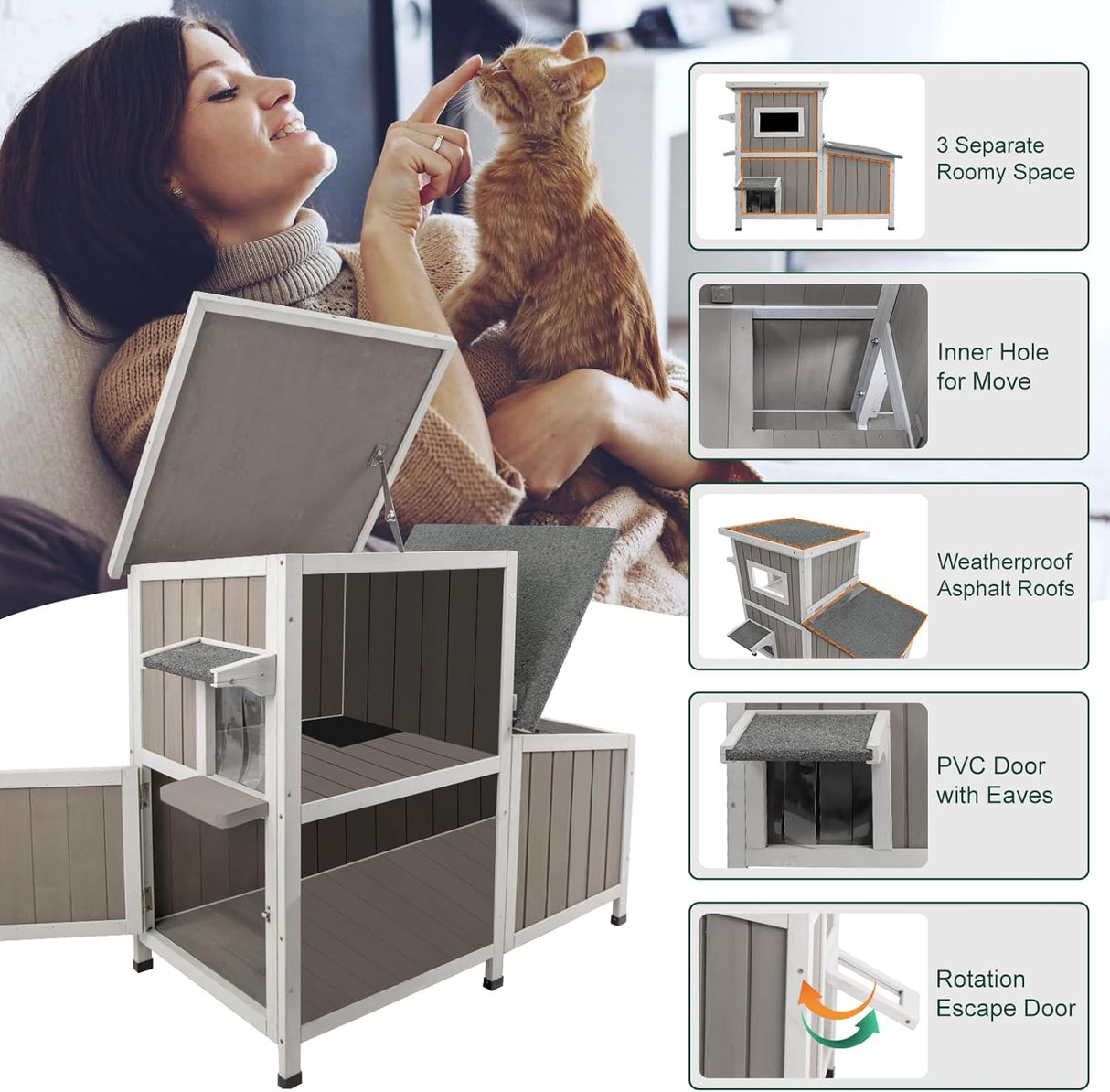 Refugio para Gatos Feral, Casa de Madera, 3 Habitaciones, Modelo 2.