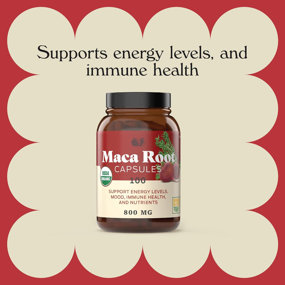 Capsulas de Maca Roja Orgánica - 800mg, 100 cápsulas, pura en polvo