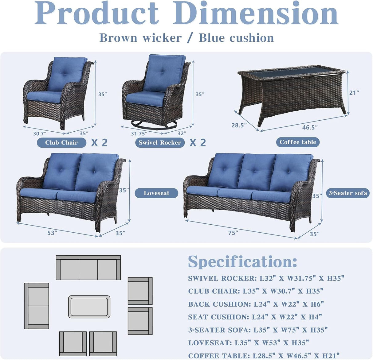 Belord Juego de muebles de mimbre para exteriores, 7 piezas de muebles de patio trasero, juegos de conversación de ratán marrón con sillas mecedoras giratorias, sofá de ratán, sillas de club y mesa auxiliar, cojín azul