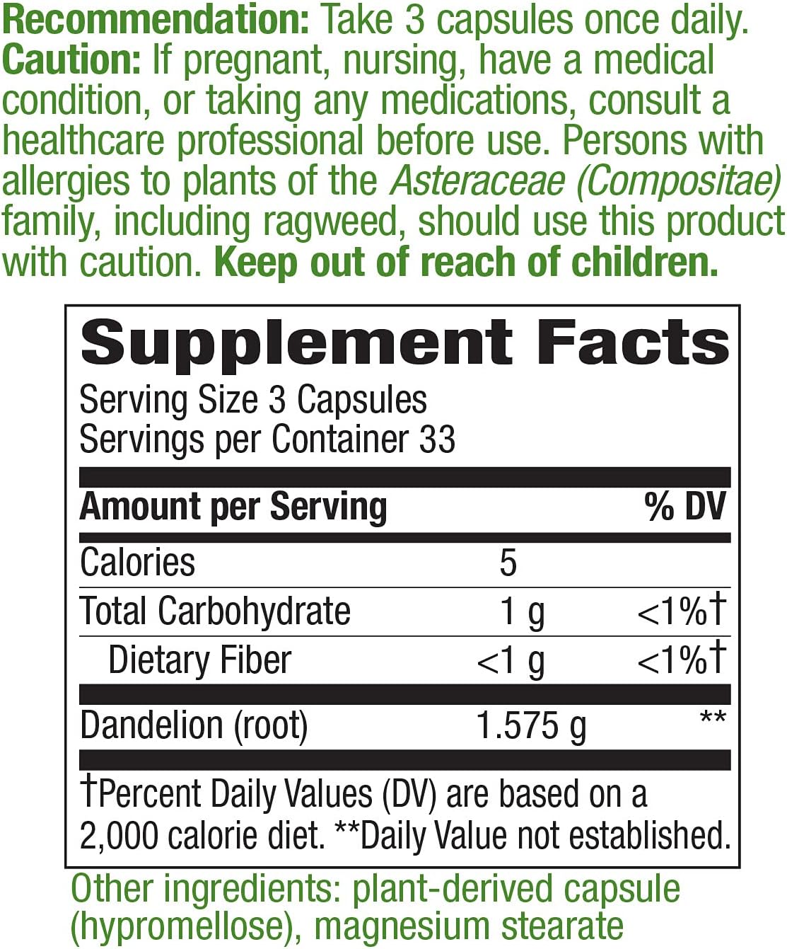 Suplementos Raíz de diente de león de 525 mg. 100 cápsulas