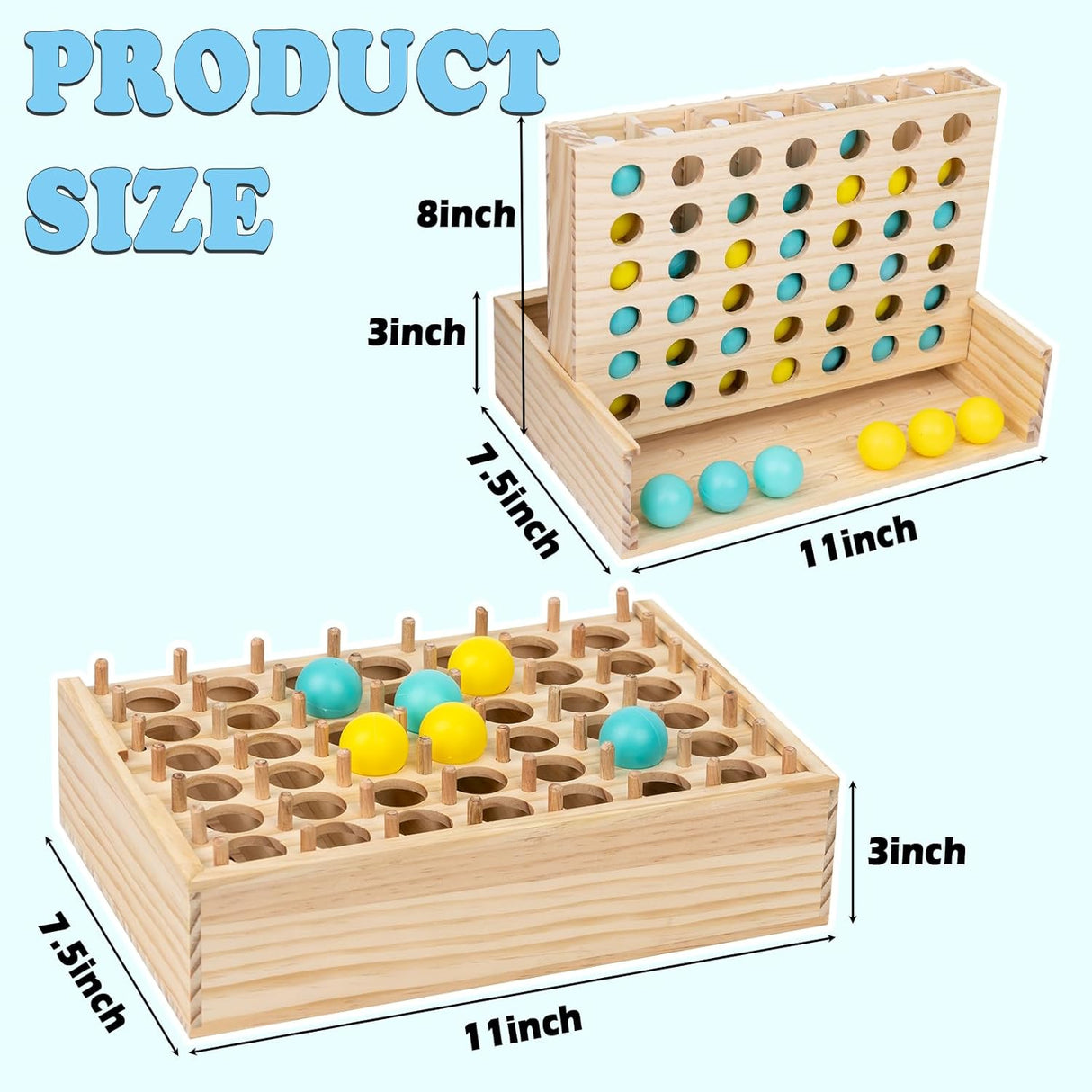 Juego de Madera 4 en Raya y Pelotas Rebotantes, Dos en Uno