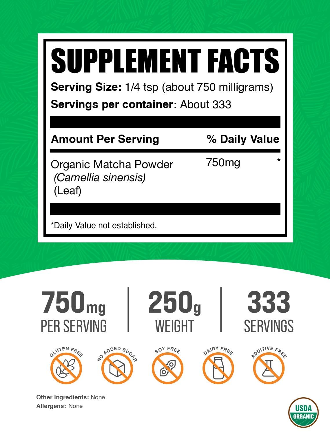 MatchaOrgánico en Polvo de BulkSupplements - 750mg por porción 250g
