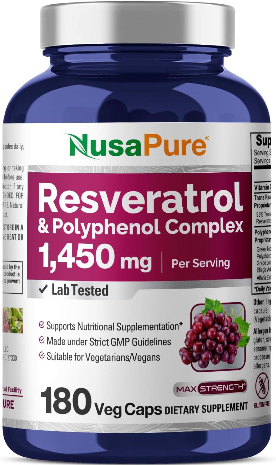 Complejo de Resveratrol y Polifenoles 1450 mg, Vitamina C 180 Cápsulas