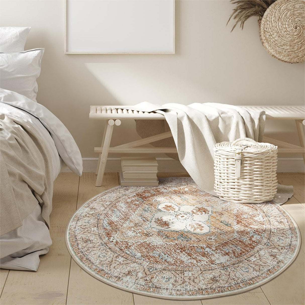 Alfombra bohemia redonda de 3 pies, antideslizante Lahome