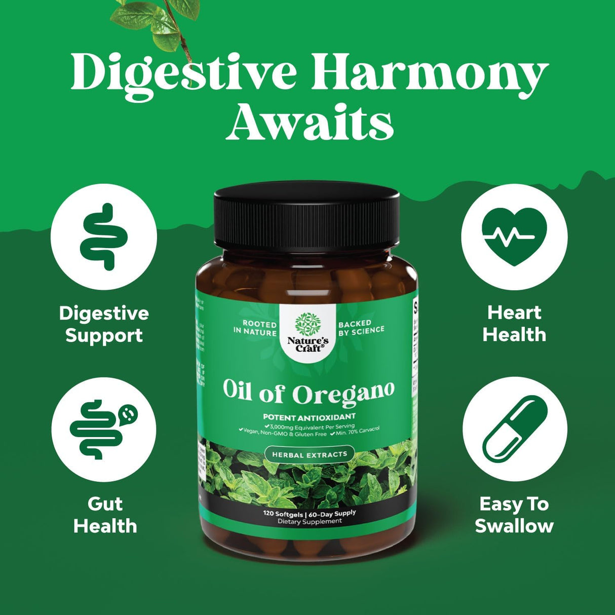 Cápsulas Blandas de Aceite de Orégano Vegano - 3000mg - 70% Carvacrol