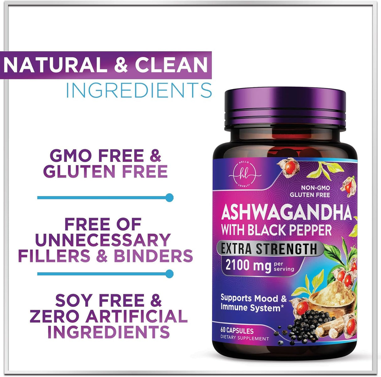 Suplementos de Ashwagandha - 2100 mg, Antioxidante, 60 cápsulas