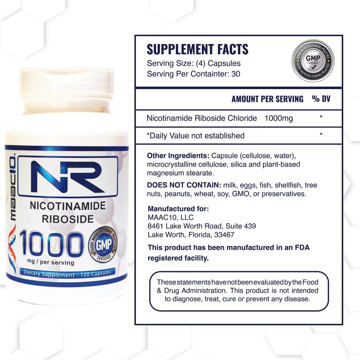 Suplemento Nicotinamida Riboside 1000mg porción 120 cápsulas