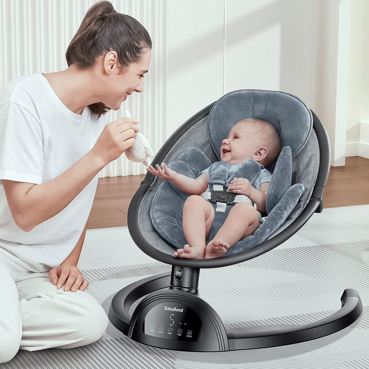 BabyBond Columpios de bebé para bebés, columpio infantil Bluetooth con altavoz de música con 3 posiciones de asiento, cinturón de arnés de 5 puntos, 5 velocidades y control remoto, columpio portátil