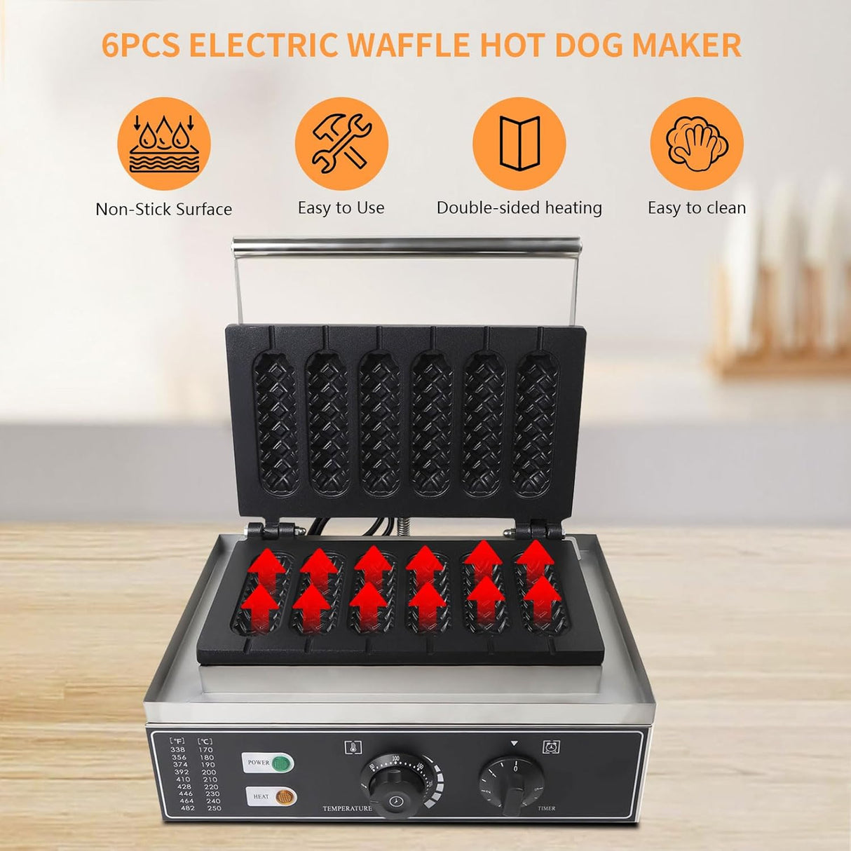 Máquina de Waffles 6 PCS, 1500W, Control Temp 50-300℃, 110V
