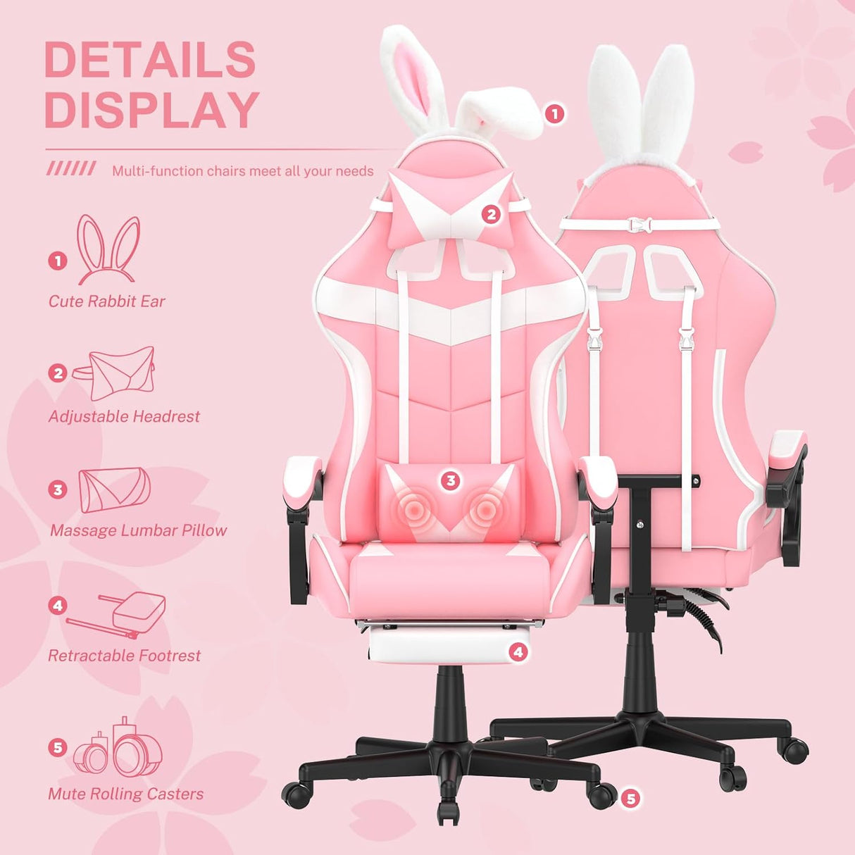 Silla Gamer con Reposapiés y Diseño de Conejito, Modelo Pink
