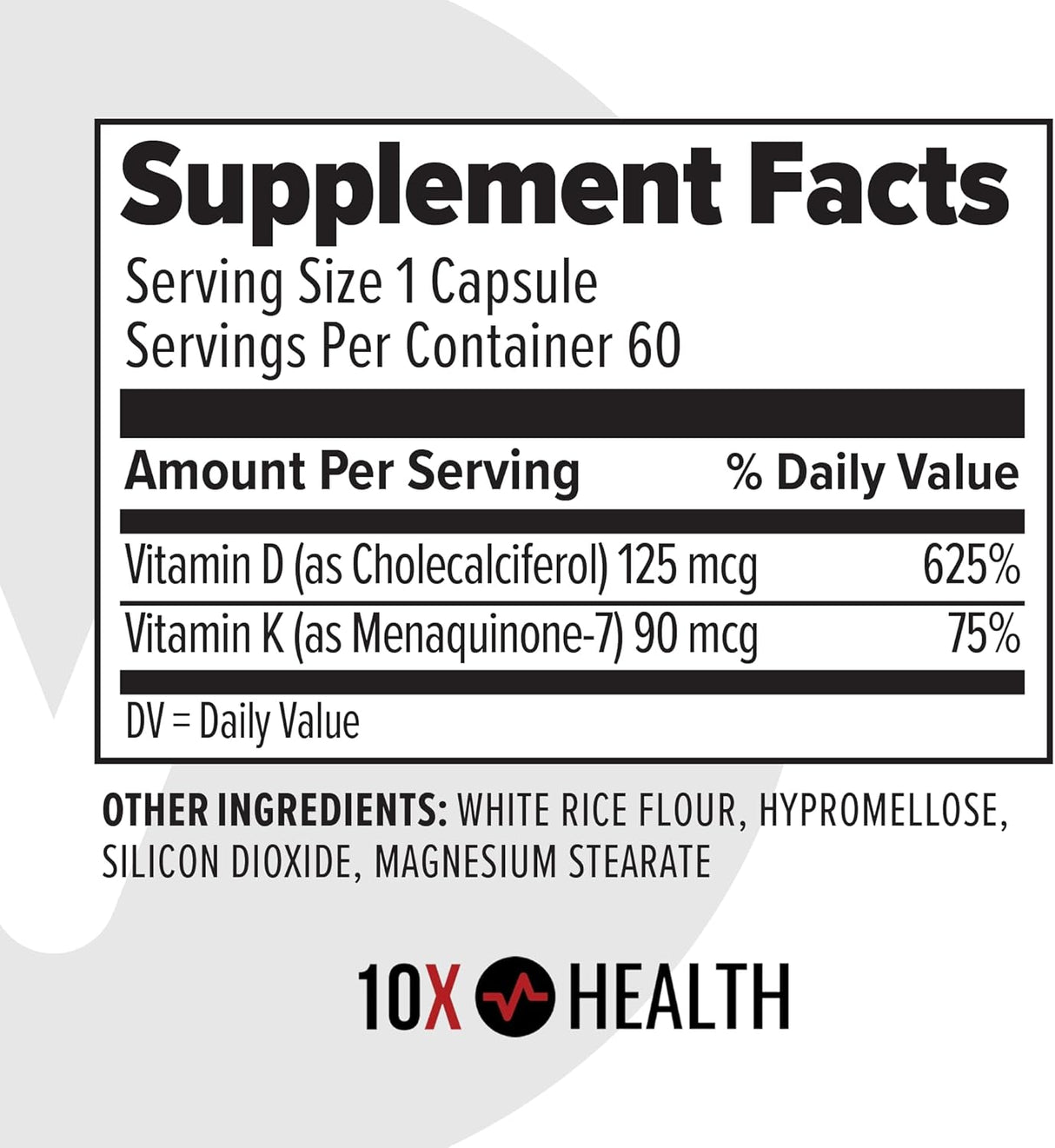 Suplemento D3 K2 10X Health - 125 mcg D3, 90 mcg K2 - 60 cápsulas
