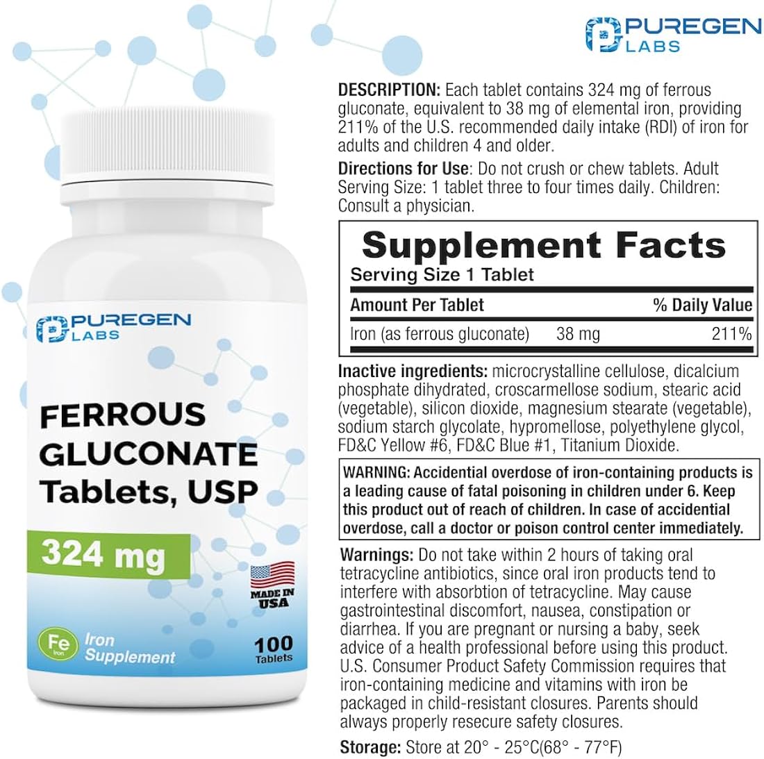 Suplemento Puregen Labs Gluconato ferroso 324 mg 100 un