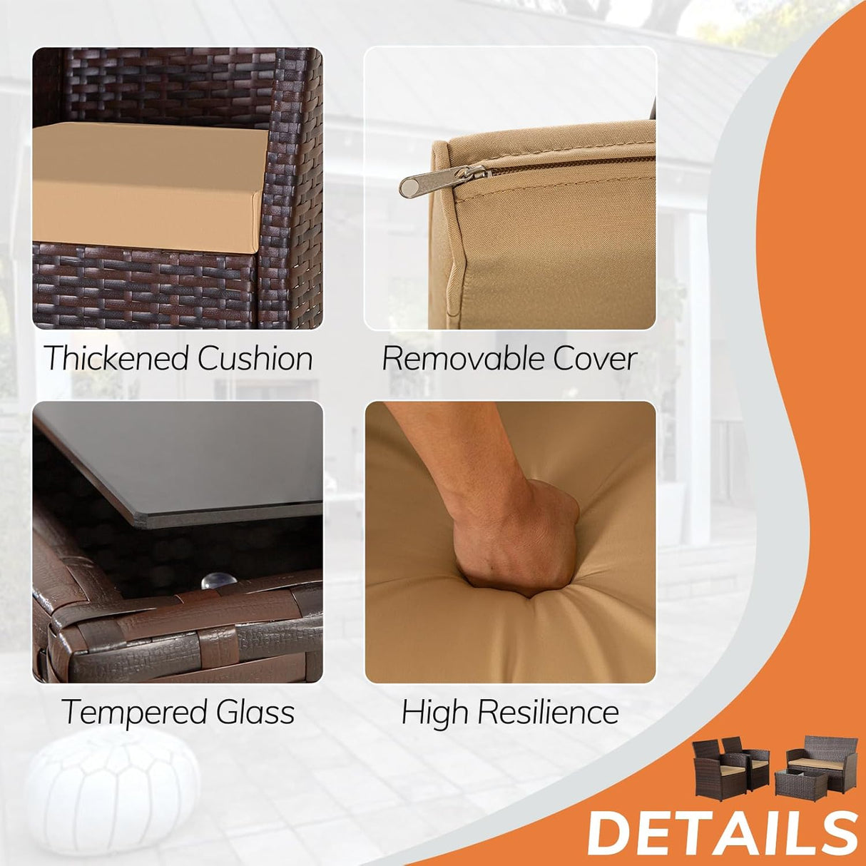 Seogwisam Juego de muebles de patio de 4 piezas, juegos de conversación de mimbre para exteriores, sofá seccional de ratán con mesa de café, cojines de asiento para patio trasero, porche, jardín,